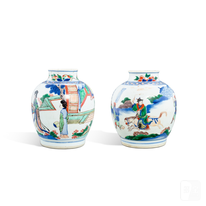 A pair of wucai 'figures' jars, Qing dynasty, Shunzhi period | 清順治 五彩人物故事圖罐一對 - 图2